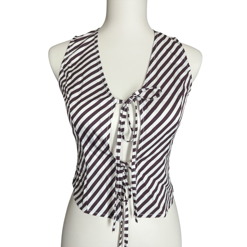 Commense Brown and White Stripe Tie Front V-Neck Vest XS